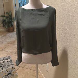 Krisa Women's S Open Back Boat Neck Blouse Dark Green Chiffon Top Contemporary